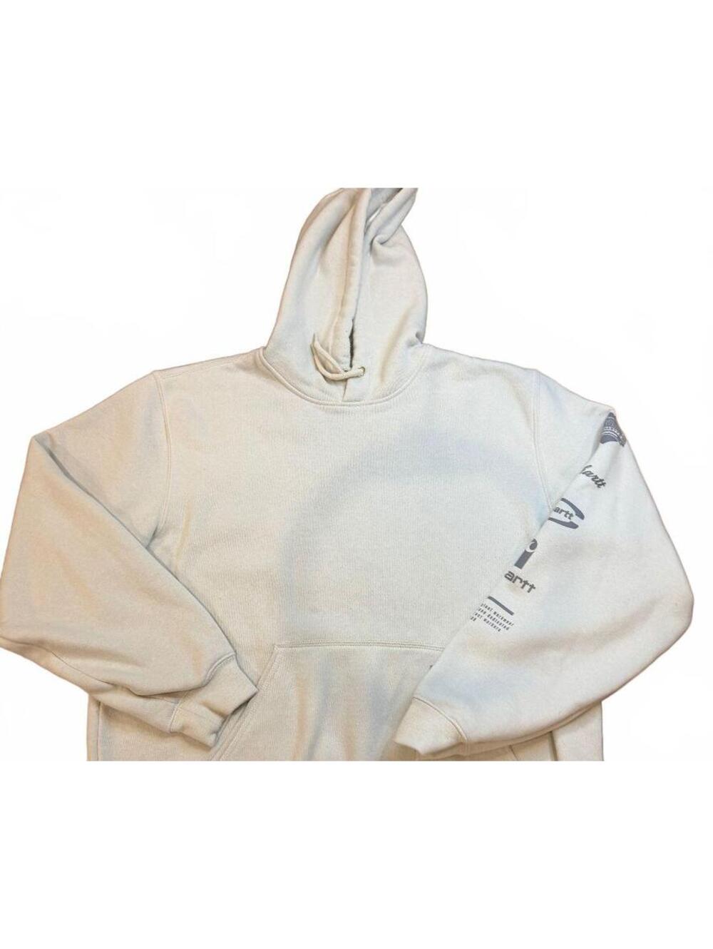 Carhartt Men’s Hoodie XL Cream Logo Sleeve Graphic Pullover Sweatshirt Workwear